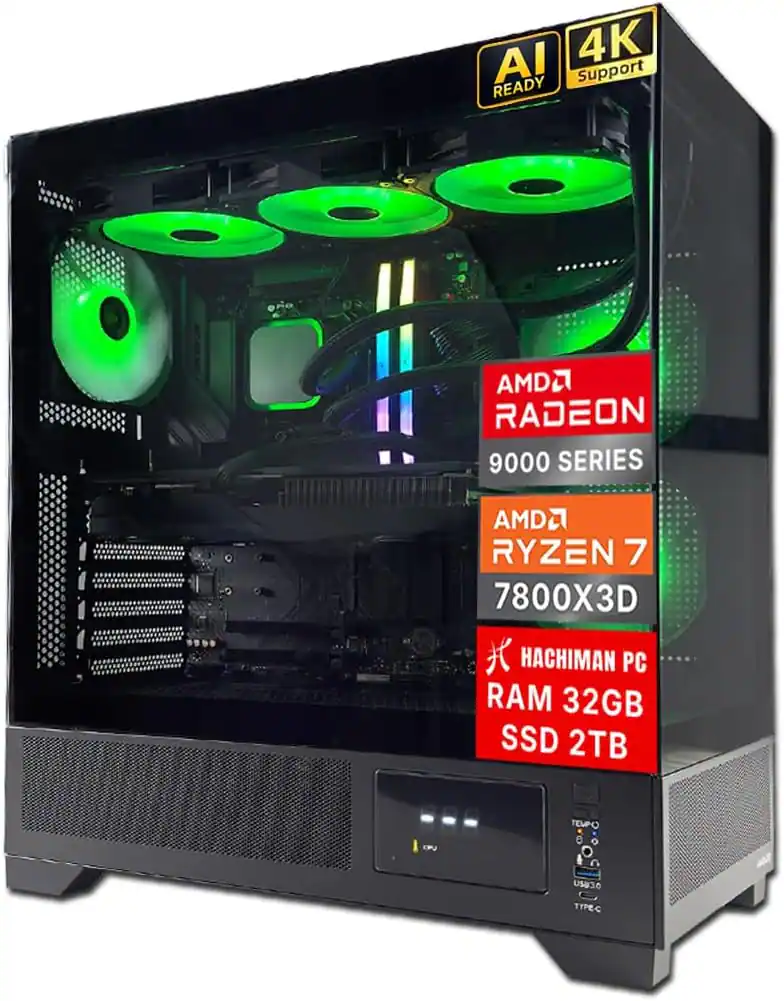 Hachiman PC - Tora Gaming PC, AMD Ryzen 7 7800X3D, Radeon RX 9070XT, 32GB DDR5 RGB, 2TB NVMe SSD, AIO, Wi-Fi 6, Windows 11 - Black