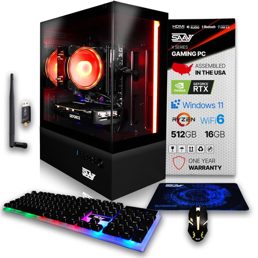 SAAV - X8 Gaming PC, AMD Ryzen 5 5500 4.2GHz GeForce RTX 3050 6GB GDDR6, 16GB DDR4, 512GB NVMe, WIFI 6, Bluetooth, Windows 11 - Black