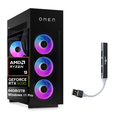 HP - Upgraded - OMEN MAX 45L Desktop PC (Ryzen 9 9900X3D, 64GB, 2TB SSD, GeForce RTX 5090, WiFi 7, Win 11 Pro) w/USB Hub - Shadow Black