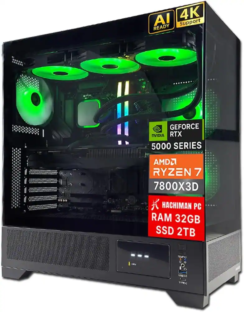 Hachiman PC - Tora Gaming PC, AMD Ryzen 7 7800X3D, GeForce RTX 5070, 32GB DDR5 RGB, 2TB NVMe SSD, AIO, Wi-Fi 6, Windows 11 - Black
