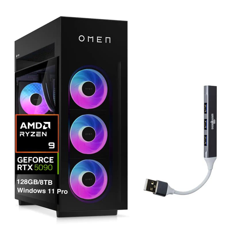 HP - Upgraded - OMEN MAX 45L Desktop PC (Ryzen 9 9900X3D, 128GB, 8TB SSD, GeForce RTX 5090, WiFi 7, Win 11 Pro) w/USB Hub - Shadow Black