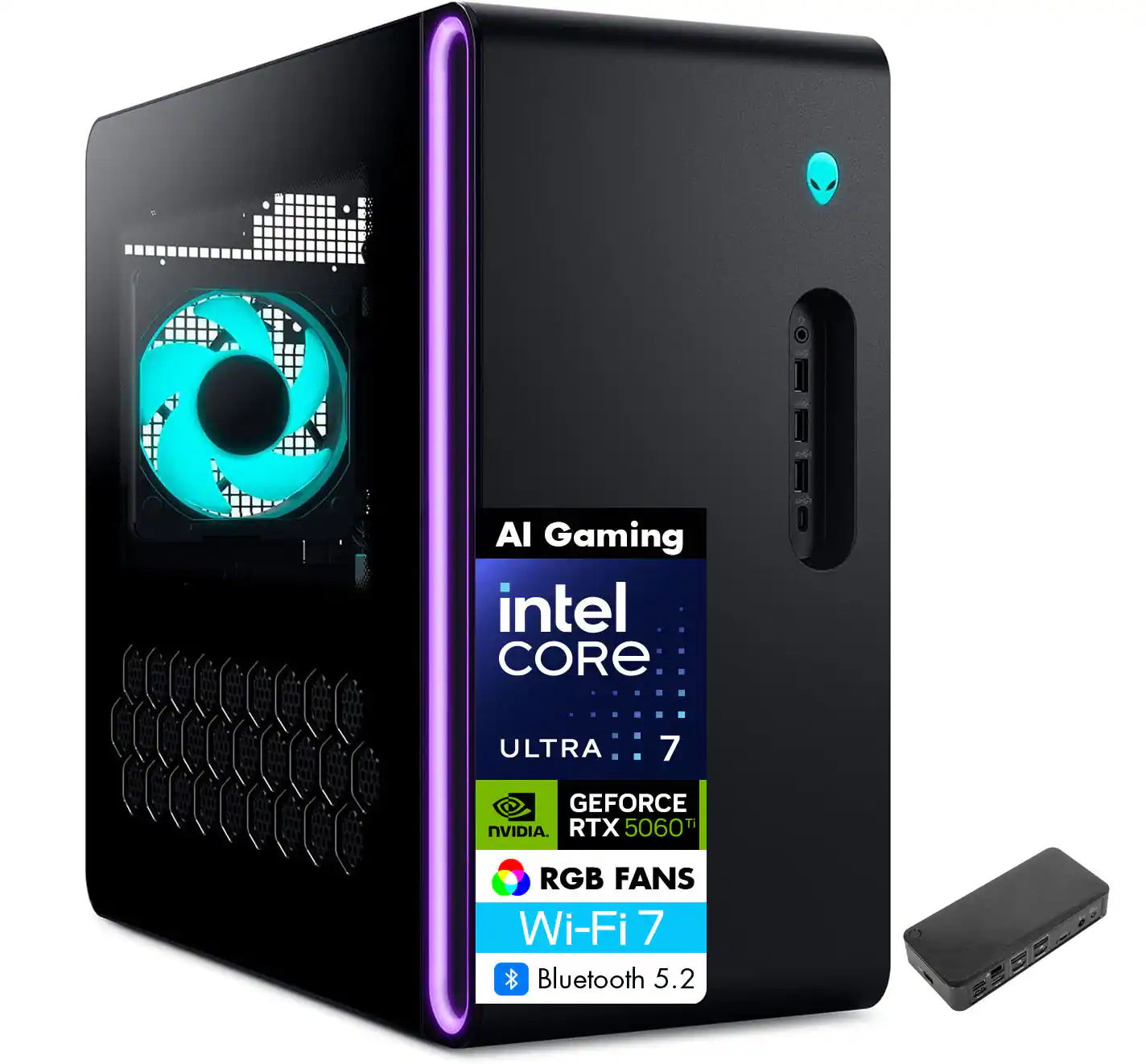 Alienware - Upgraded - Aurora Desktop PC (Intel Ultra 7 265F, 32GB DDR5, 1TB PCIe SSD, RTX 5060 Ti, Win 11 Pro) w/USB-C Hub - Black